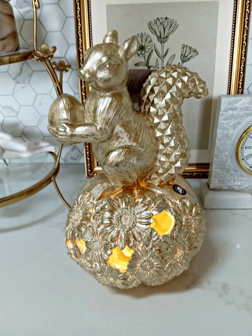 NEW! LIGHTED BOHO FARMHOUSE SQUIRREL W/ACORN PUMPKIN DECOR